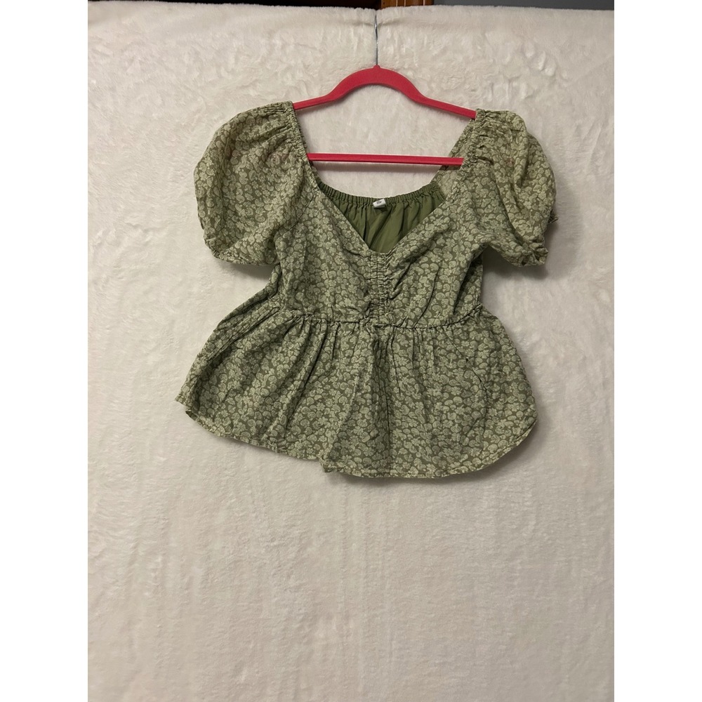 BP. Women Olive Green Floral Puff Sleeve Peplum Babydoll Top XS Sweetheart Neck